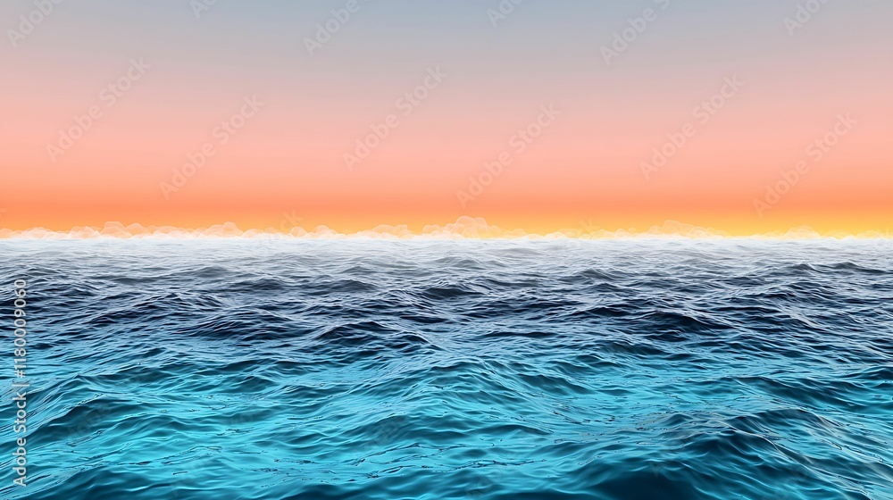 Wall mural a serene ocean view at sunset, featuring calm waves and a gradient sky shifting from blue to warm or