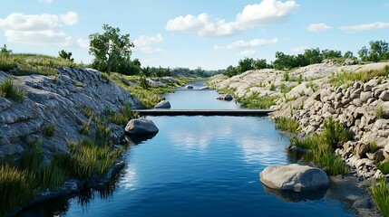 A serene river flows between rocky banks under a bright sky, surrounded by lush vegetation and stones, creating a peaceful natural landscape.