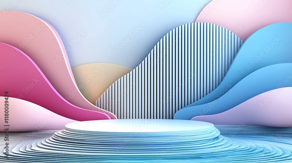 Poster a colorful abstract background featuring layered waves and a central podium, ideal for product displ