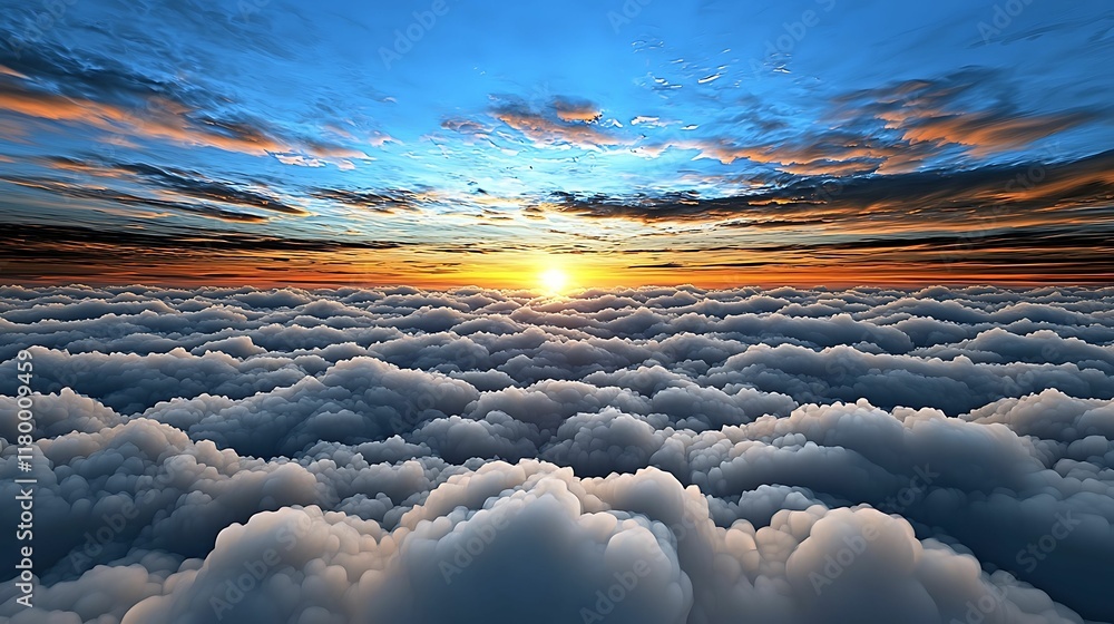 Wall mural a breathtaking view of a colorful sunrise above a sea of fluffy clouds, creating a serene and peacef
