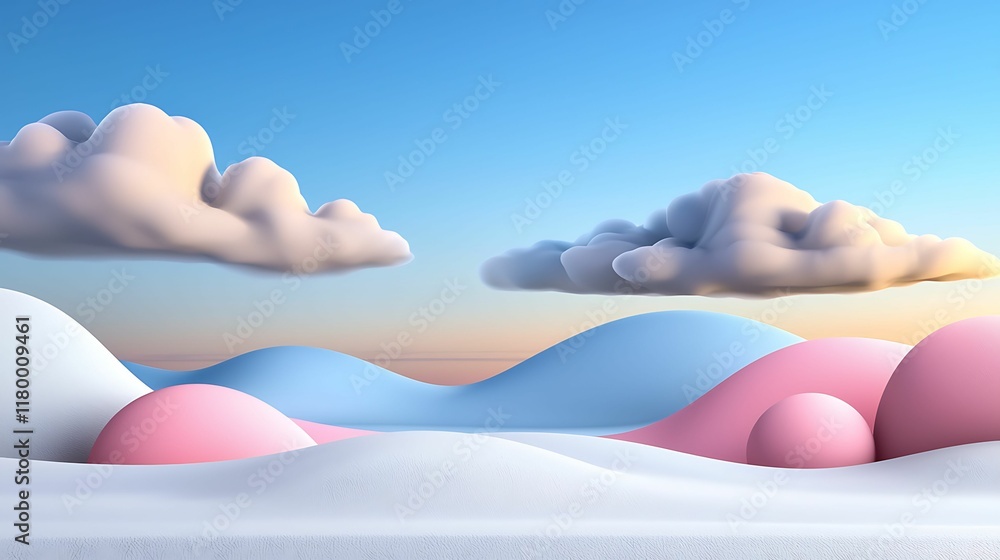 Wall mural a serene landscape featuring soft, colorful hills and fluffy clouds under a clear sky, creating a pe