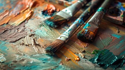 Obraz premium Vintage Artist's Palette with Paint Brushes. Messy Workshop Background for Art and Painting