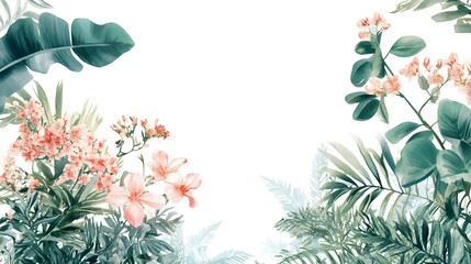Watercolor Painting of Tropical Flowers and Leaves
