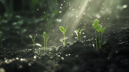 New green shoots breaking through the soil with light shining brightly