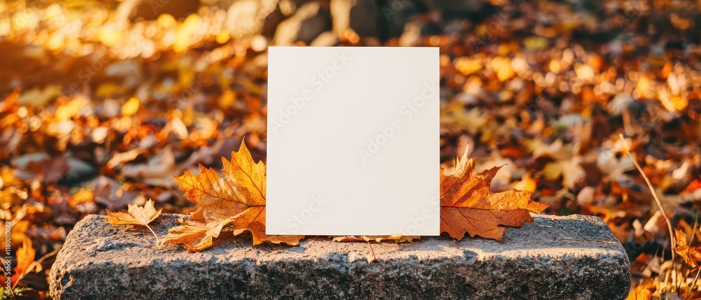 Poster ancient paper resting on weathered stone bench in a serene setting. mockup image on ruin fantasy bac