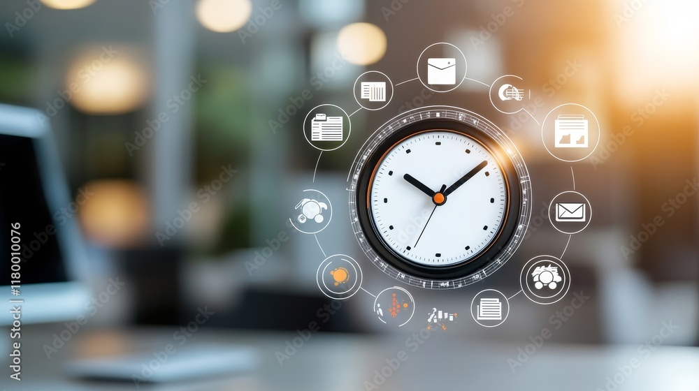 Poster modern clock with digital icons representing time management, productivity, and communication in a s