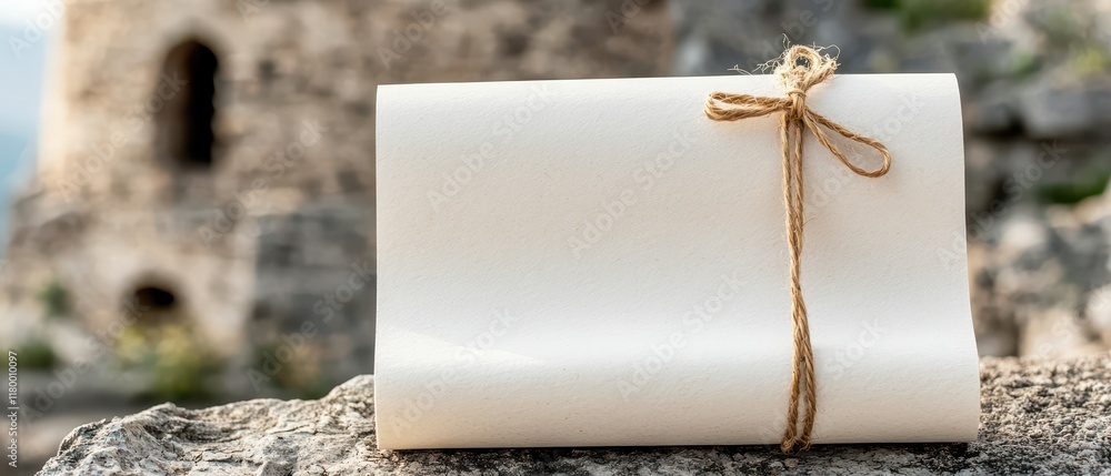 Poster a rolled-up ancient paper tied with twine on ruin background. mockup image on ruin fantasy backgroun