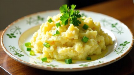 A plate of colcannon - mashed potatoes with cabbage and spring onions, served with a sprig of parsley and a traditional design on the plate. Festive dinner, St. Patrick's Day party
