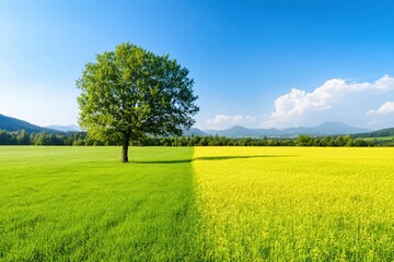 Obraz premium Lone Tree in Vibrant Green and Yellow Fields under a Blue Sky