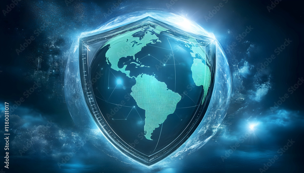 Aufkleber 3d earth surrounded by a digital shield symbolizing secure global cybersecurity networks -