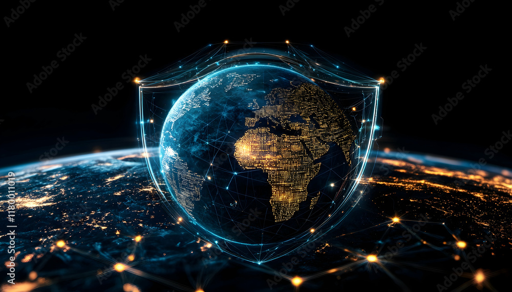 Aufkleber 3d earth surrounded by a digital shield symbolizing secure global cybersecurity networks -