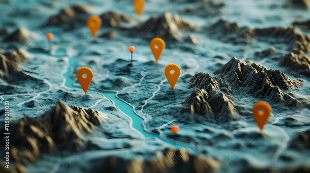 Poster 3d map with navigation markers and pins, visually representing advanced geolocation technology and t