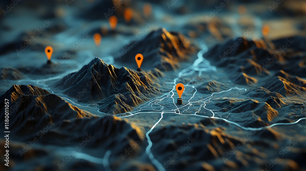 Poster 3d map with navigation markers and pins, visually representing advanced geolocation technology and t