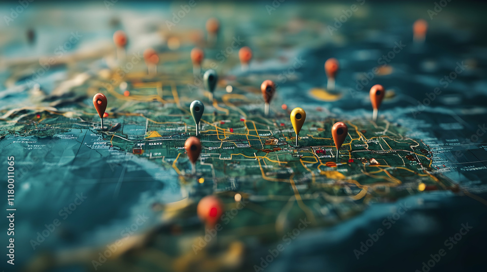 Poster 3d map with navigation markers and pins, visually representing advanced geolocation technology and t