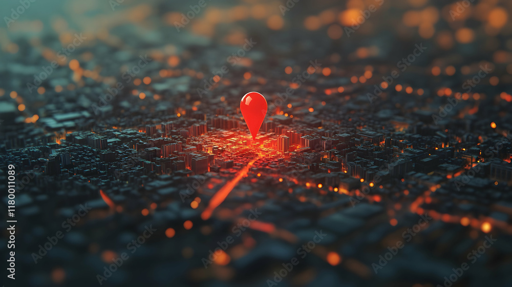 Poster 3d red location pin marking a significant point on a detailed city map, symbolizing navigation and d