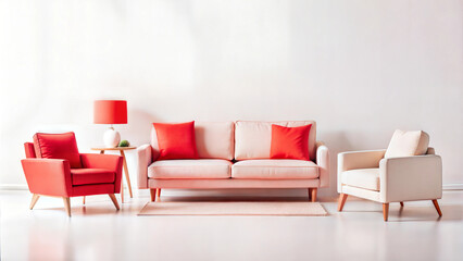 Bright living room with red and white furniture and bold decor