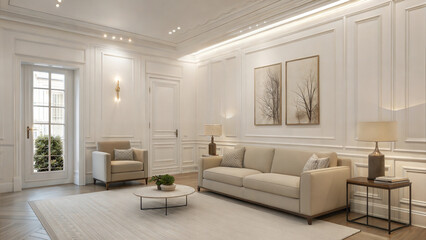 Elegant living room with beige furniture and classic wall paneling
