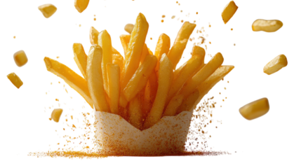 Golden fries bursting with flavor and falling seasoning in an artistic culinary display