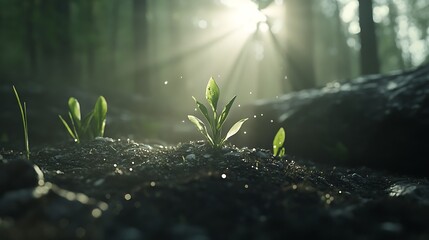 Delicate shoots sprouting as light shines softly on the fresh earth