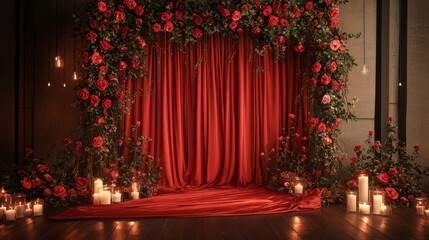Podium with cascading red silk fabric and a frame of roses and floating candles