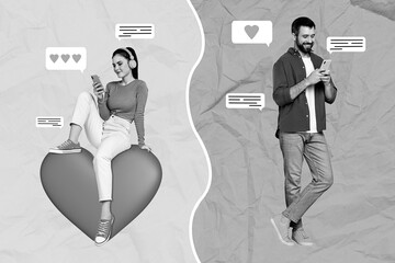 Artwork magazine collage picture of charming lady guy communicating modern devices isolated drawing...