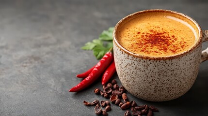 Spicy coffee drink in cup with chili peppers and coffee beans.