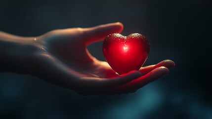 Close-up of hand holding red glowing heart on dark blurred background. Romantic and love concept.