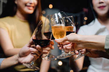 Cheers to Connection:  A toast to friendship, camaraderie, and celebration. Hands clinking glasses filled with wine and champagne, symbolizing togetherness and shared joy.