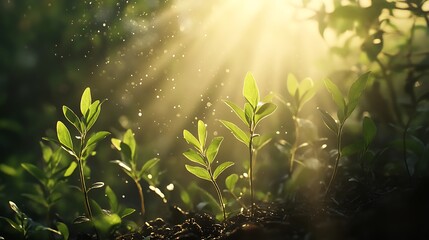 Fresh saplings sprouting with sunlight softly highlighting their emergence