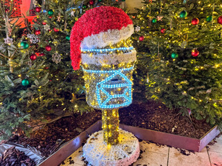 Brightly decorated mailbox with Christmas lights and a Santa hat surrounded by festive trees at a holiday display