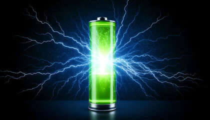 A vibrant green battery, fully charged, emits a powerful energy surge, depicted by dynamic blue lightning bolts against a dark background.