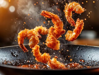Golden-brown fried prawns leaping from a sizzling frying pan in dramatic mid-air action, captured from a worm&rsquo;s-eye view, vibrant and dynamic
