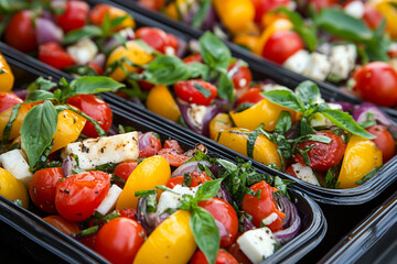 Fresh Greek salad in black meal prep containers with vibrant vegetables