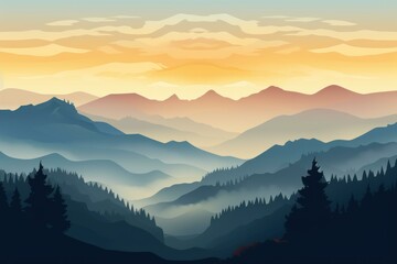 Obraz premium Breathtaking view of misty mountain landscape with coniferous forest at sunset
