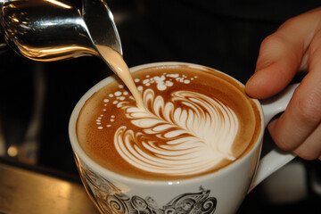 Barista pouring intricate latte art into a steaming cup of coffee
