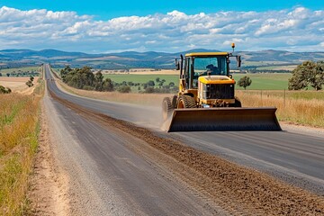 Road construction machinery smoothing fresh asphalt under a bright blue sky
