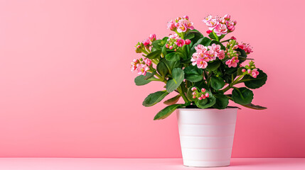 Fototapeta premium White flower pot with pink flowers in it sits on a pink background.