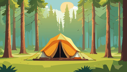 Tent in the forest. Camping in the woods. Vector illustration