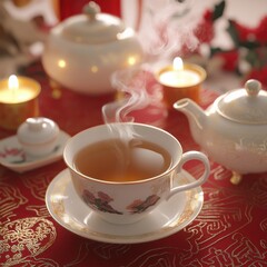 Fototapeta premium Celebrating lunar new year with hot chinese tea in porcelain cups cozy home setting warm atmosphere