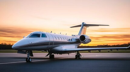 Luxury private jet parked on the runway during a vibrant sunset. airplane tail silhouette