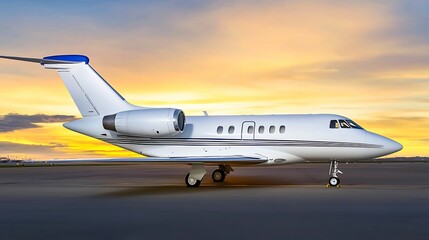 Sleek private jet on the runway against a vibrant sunset sky. airplane tail silhouette