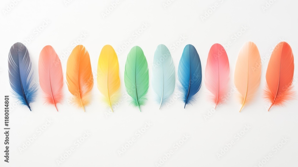Poster vibrant rainbow feathers lined up neatly on white background showing color gradient for artistic and