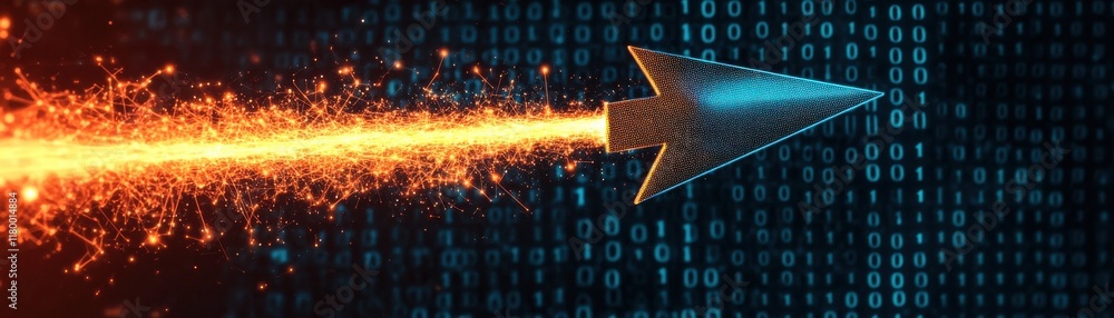 Poster a futuristic arrow emits fiery energy, racing through a digital backdrop of binary code, symbolizing