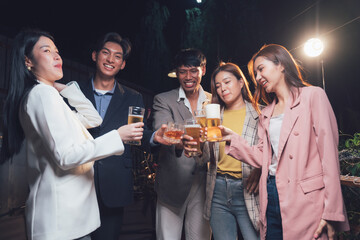 Nightlife Celebration: Friends Toast Success at Rooftop Party 