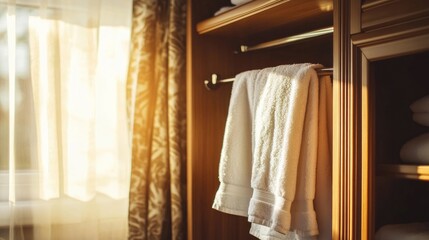 A close-up of a luxurious wardrobe with a folded white towel hanging elegantly, bathed in the golden hues of early daylight.