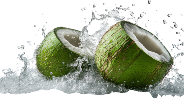 Fresh coconuts splashing in crystal water create a refreshing tropical vibe