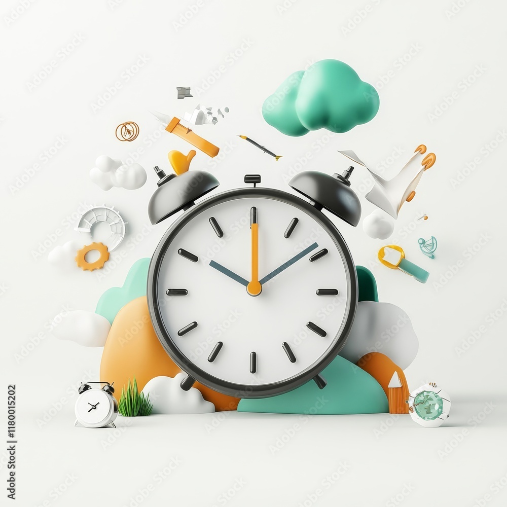 Poster creative concept of time management with a stylized alarm clock surrounded by colorful elements repr