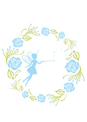 Decorative floral wreath with blue roses and fairy