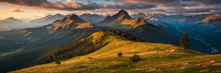 Mountains landscape scenery panorama nature valley hills clouds outdoors travel horizon banner aesthetic background wallpaper photo