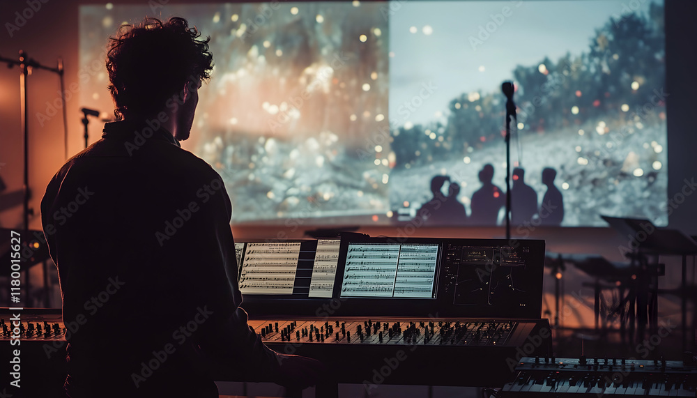 Poster a composer in a studio scoring music for a film, with scenes projected on a large screen in the back